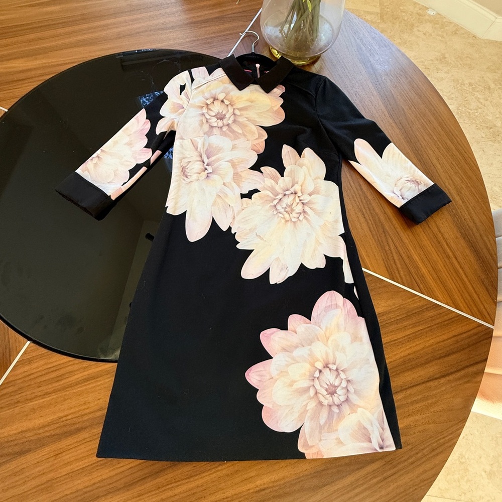 SOLD. Ted Baker Black Dress with Pink Floral Design - Picture 3 of 8